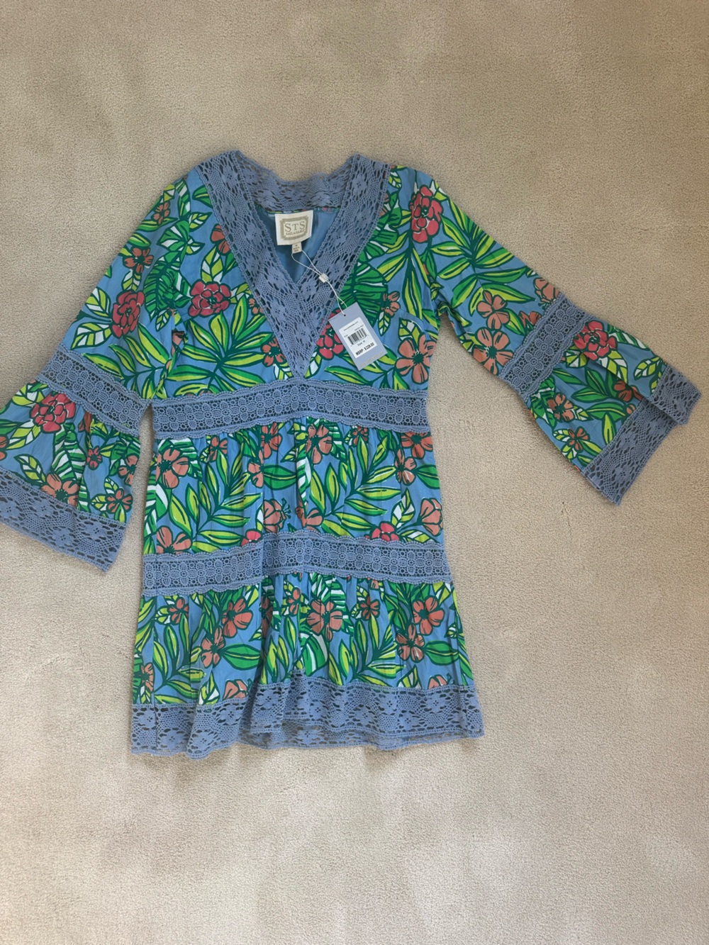 Sail To Sable Blue Tropical Floral Lace-Trim Tunic